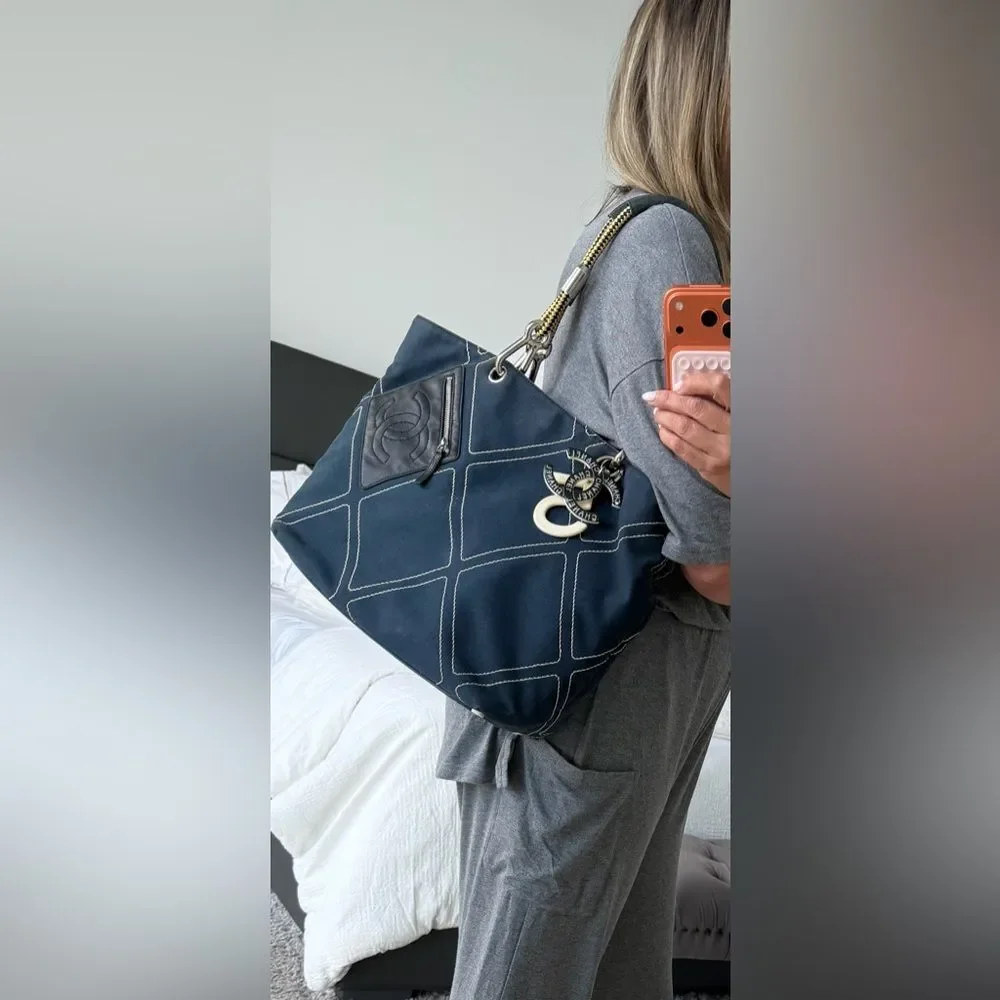 CHANEL Navy Quilted Canvas Shoulder Tote with Gold Chain Handles